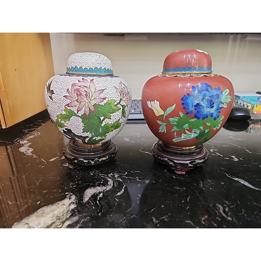 Set Of 2 Small Cloisonné Vases With Stands . 6"
